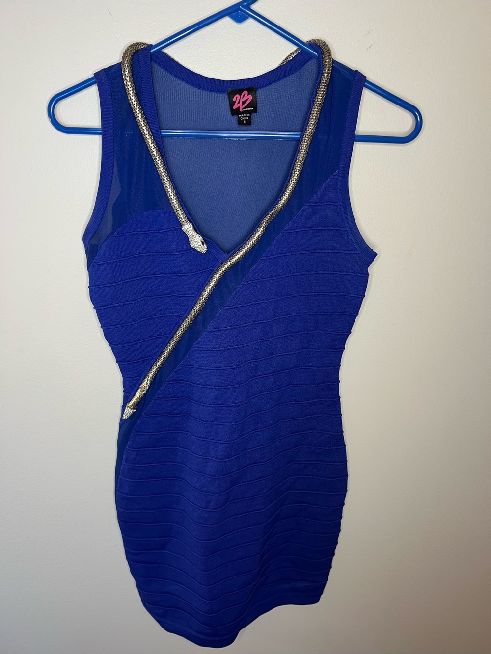Bebe Royal Blue Bodycon Dress w/Rhinestone/Metal Snake and Sheer Panel Details